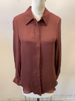 Womens, Top, HAUTE HIPPIE, Maroon Red, Silk, Solid, S, Long Sleeves, Button Front, 8 Buttons, 2 Button Cuffs, Gold Plastic Buttons