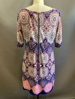 Womens, Dress, Long & 3/4 Sleeve, ELIZA J., White, Navy Blue, Salmon Pink, Polyester, Spandex, Abstract , Medallion Pattern, Sz.6, Stretchy Fabric, 3/4 Sleeves, Boat Neck, Shift Dress, Hem Above Knee, Exposed Gold Zipper in Back