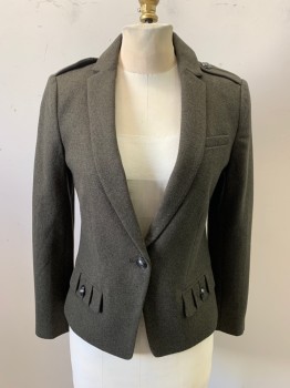 Womens, Blazer, BANANA REPUBLIC, Olive Green, Wool, Solid, 0, 1 Button, Epaulets, 3 Pockets, 2 with Pocket Flaps and Buttons,