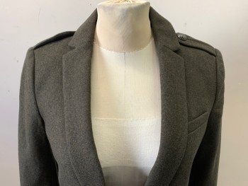 Womens, Blazer, BANANA REPUBLIC, Olive Green, Wool, Solid, 0, 1 Button, Epaulets, 3 Pockets, 2 with Pocket Flaps and Buttons,