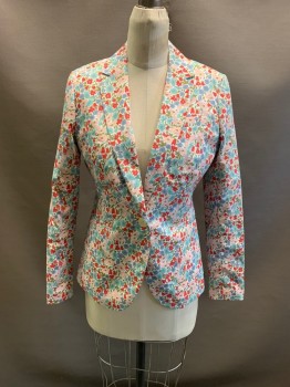 Womens, Blazer, J. CREW, White, Sage Green, Dusty Blue, Red, Olive Green, Poly/Cotton, Elastane, Floral, 6, Notched Lapel, Single Breasted, Button Front, 1 Button