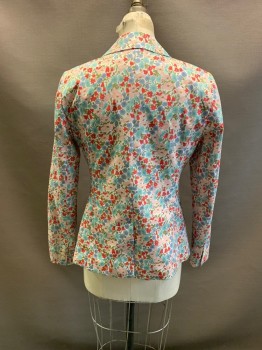 Womens, Blazer, J. CREW, White, Sage Green, Dusty Blue, Red, Olive Green, Poly/Cotton, Elastane, Floral, 6, Notched Lapel, Single Breasted, Button Front, 1 Button