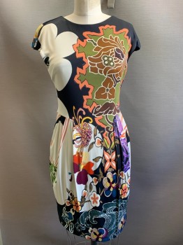 Womens, Dress, FUZZI, Black, Olive Green, Off White, Salmon Pink, Purple, Viscose, Floral, Abstract , M, Cap Sleeves, Round neck, Side Pleats, Pullover