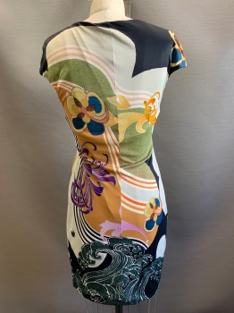 Womens, Dress, FUZZI, Black, Olive Green, Off White, Salmon Pink, Purple, Viscose, Floral, Abstract , M, Cap Sleeves, Round neck, Side Pleats, Pullover