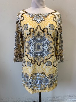 Womens, Dress, Long & 3/4 Sleeve, CHARTER CLUB, White, Goldenrod Yellow, Black, Cream, Nylon, Spandex, Floral, Abstract , L, Pullover, Boat Neckline, Long Sleeves, Hem Above Knee