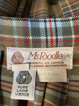 MS POODLE, Khaki Brown, Lt Blue, Red, Black, White, Wool, Plaid, Wrap, Stitched Down Pleats in Back, 3 Covered Btns, Fabric Fringed Front Side Edge Of Fabric