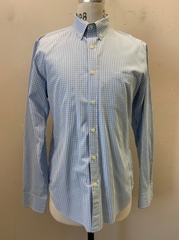 Mens, Casual Shirt, J. CREW, Baby Blue, White, Cotton, Gingham, 37, 15.5, Button Down Collar,  Button Front, L/S, 1 Pocket