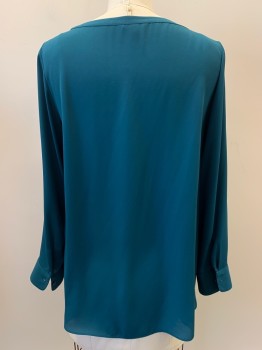 BANANA REPUBLUC, Teal Blue, Polyester, Solid, L/S, Wide Neck, Sheer