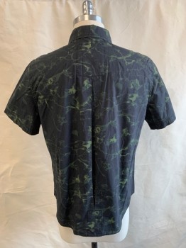 Mens, Casual Shirt, SAKS FIFTH AVENUE, Black, Dk Olive Grn, Lt Green, Cotton, Abstract , S, S/S, Button Front, Chest Pocket, Inverted Pleated Back