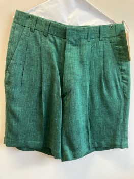 Mens, Shorts, MTO, W 30, Heathered Green Slubbed Silk Wool Blend, Pleated, 2 Slant Pckts, 2 Welt Pocket In Back, Multiple