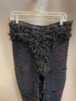 N/L, Black, Wool, Cotton, Textured Fabric, Elastic Waist Band With Buttons , Rope Texture Detail  With Woven Red Iridescent Detail &black Fuzzy Clusters, Front & Back , Also Black Stir ups Attached
