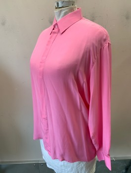 Womens, Blouse, BOCCI, Bubble Gum Pink, Silk, Solid, XL, L/S, Button Front, Collar Attached, Covered Button Placket