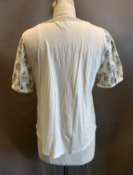Womens, Top, LUCKY BRAND, Beige, Polyester, Floral, S, V-N, S/S, 3 Buttons, Light Blue and Green Floral Print on Sleeves and Bust