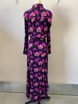 Maje, Black, Magenta Purple, Yellow, Viscose, Floral, L/S, V Neck, Crossover, Collar Attached, Elastic Waist Ban, Bottom Slits,