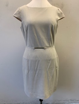 Womens, Dress, Short Sleeve, TAHARI, Lt Beige, Polyester, Rayon, Solid, Sz,10, Cap Sleeves, Bateau/Boat Neck, 1/4" Self Waistband Detail with Gold Rectangular Metal Bar at Center Waist, Straight Cut Hips, Knee Length, Invisible Zipper in Back