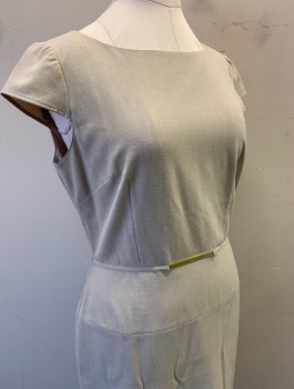 Womens, Dress, Short Sleeve, TAHARI, Lt Beige, Polyester, Rayon, Solid, Sz,10, Cap Sleeves, Bateau/Boat Neck, 1/4" Self Waistband Detail with Gold Rectangular Metal Bar at Center Waist, Straight Cut Hips, Knee Length, Invisible Zipper in Back