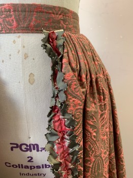 Womens, Historical Fiction Piece 3, MTO, Coral Orange, Lt Brown, Silk, Synthetic, Floral, W24-26, 1700s, OVER SKIRT, Snap and Skirt Hook Closure, Pleated, Coral and Sage Ruffle Trim Down Front *Several Threads Coming Out*