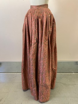 MTO, Coral Orange, Lt Brown, Silk, Synthetic, Floral, 1700s, OVER SKIRT, Snap and Skirt Hook Closure, Pleated, Coral and Sage Ruffle Trim Down Front *Several Threads Coming Out*