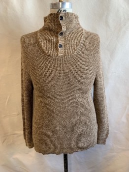 Mens, Pullover Sweater, ST JOHN'S BAY, Brown, Khaki Brown, Beige, Cotton, XL, Multi Color Weave, Turtleneck, 1/4 Button Front, L/S