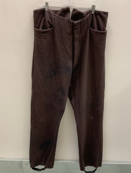 Mens, Historical Fiction Pants, NL, Brown, Cotton, Wool, Solid, 36, 42, F.F, Button Front, 2 Pockets, Inner Suspender Buttons, Back Half Belt, Stirrups, Distressed, Black Stains