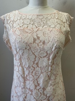 VINCE CAMUTO, Ballet Pink, Nylon, Cotton, Floral, Sleeveless, Wide Neck, Full Lace With Crochet Detail Trim, Back Zipper,