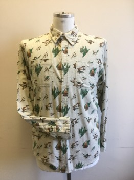 Mens, Casual Shirt, MATIX, Khaki Brown, Forest Green, Brown, Tan Brown, Cotton, Novelty Pattern, XL, Flannel Cotton with Gaming Print of Forests, Geese, Dear and Boar. Long Sleeves, Button Front, Collar Attached, 2 Pocket   Multiple