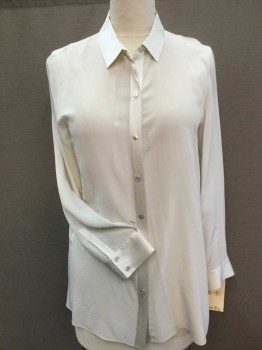 N/L, Cream, Silk, Spandex, Solid, Cream Sillk, Collar Attached, Button Front, Long Sleeves