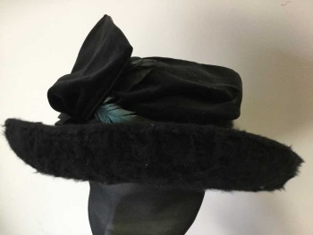 MTO, Black, Angora, Feathers, Black Fuzzy Angora Curved Brim Hat , Wired Black Velvet Bow with Gathered Black Synthetic Fabric Around Brim, Black Velvet Button Front, Black/Green Feathers,