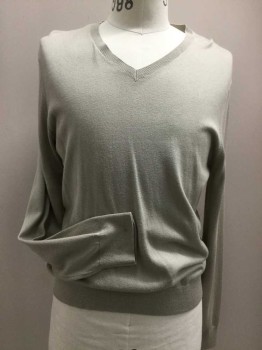 Mens, Pullover Sweater, BANANA REPUBLIC, Beige, Silk, Cotton, Solid, M, V-neck, Long Sleeves,