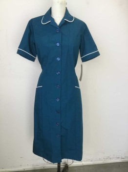 N/L, Teal Blue, White, Polyester, Solid, Multiples, Button Front, Rounded Collar Attached, Short Sleeves, 4 Pockets, Details Piped in White, Tie Belt Attached at Side Waist