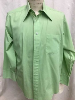 SEARS, Lt Green, Polyester, Cotton, Solid, Long Sleeves, Button Front, Collar Attached, 1 Pocket,