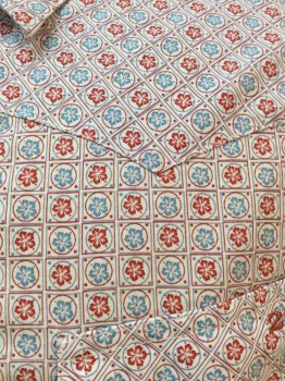 Mens, Western, TWENTY , White, Red, Blue, Cotton, Floral, Geometric, M, White, Red/blue Geometric Floral Print, Snap Front, Collar Attached, Short Sleeves, 2 Flap Pockets