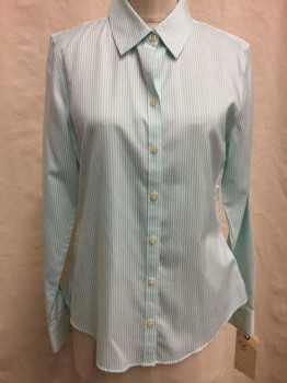 BANANA REPUBLIC, White, Turquoise Blue, Cotton, Stripes, Button Front, Collar Attached,  Long Sleeves,