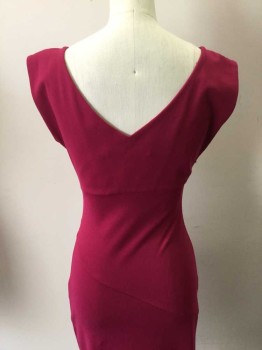 Womens, Dress, Sleeveless, DVF, Magenta Purple, Viscose, Polyester, Solid, 4, with Extended Shoulders, Scoop Neck, Diagonal Center Section, Pleated Horizontally From Side Seam, Side Zipper, V-neck Back