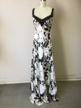 Womens, Evening Gown, TERI JON, Black, White, Silk, Beaded, Floral, 2, Sleeveless, Black Beaded Collar, Pleated Bust, Empire Waist, Zip Back, Floor Length Hem, Pleated at Center Back, with Extra Fabric Ruffle Button and Loop Closure of the Panels