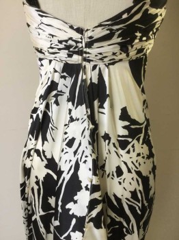 Womens, Evening Gown, TERI JON, Black, White, Silk, Beaded, Floral, 2, Sleeveless, Black Beaded Collar, Pleated Bust, Empire Waist, Zip Back, Floor Length Hem, Pleated at Center Back, with Extra Fabric Ruffle Button and Loop Closure of the Panels