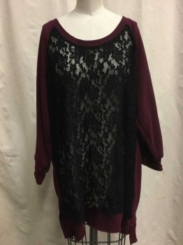 Womens, Top, TORRID, Plum Purple, Black, Cotton, Synthetic, Solid, 3 XL , Plum Knit with Black Sheer Lace Front, Scoop Neck, 3/4 Sleeves