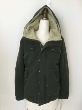Womens, Casual Jacket, DIESEL, Olive Green, Cream, Cotton, Polyester, Solid, M, Jersey, Padded, Heavy, Zip & Snap Front, 4 Pockets, Poly Fleece Lined Hood, Rib Knit Waistband, Corduroy Trims