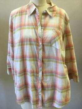 Womens, Blouse, CROFT & BARROW, White, Salmon Pink, Red, Mustard Yellow, Brown, Cotton, Plaid, XL, 3/4 Sleeves, Button Front, Collar Attached, 1 Pocket,