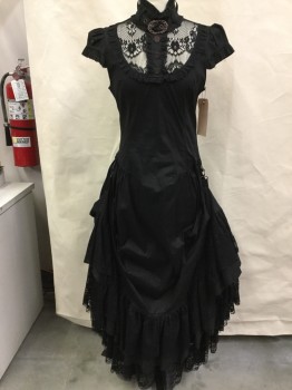 Womens, Dress, Short Sleeve, LIP SERVICE, Black, Cotton, Spandex, Solid, 28, 36, Black Stretch Cotton, with Black Lace Yoke & Ruffled Trim, Self Ruffled Cap Sleeves, Belted Stand Collar with Copper Buckle, 3 Button Placket, Fancy Copper Filigree O Rings at Waist to Hook Skirt Upon, Back Zip