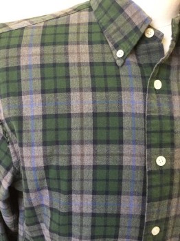 BROOKS BROTHERS, Dk Green, Navy Blue, Blue, Gray, Cotton, Plaid, Button Front, Collar Attached, Button Down Collar, Long Sleeves