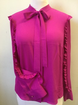 TED BAKER, Orchid Purple, Polyester, Solid, Solid, Orchid Pink, Stand Collar Attached with Neck Tie, Hidden Button Front, Long Sleeves with Self Ruffle, Copper Button on Cuffs, ( and 1 Copper Button Included in the Bag)