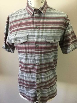IRON AND RESIN, Gray, Maroon Red, Charcoal Gray, Cotton, Stripes - Horizontal , Gray with Maroon and Charcoal Variable Horizontal Stripes, Short Sleeve Button Front, Collar Attached, 2 Pockets