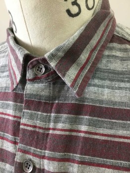 IRON AND RESIN, Gray, Maroon Red, Charcoal Gray, Cotton, Stripes - Horizontal , Gray with Maroon and Charcoal Variable Horizontal Stripes, Short Sleeve Button Front, Collar Attached, 2 Pockets