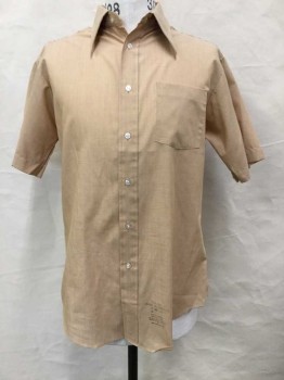 Mens, Dress Shirt, KINGS ROAD SHOP, Tan Brown, Polyester, Cotton, Solid, 16 N, Short Sleeve,  Button Front, 1 Pocket, Long Pointed Collar,