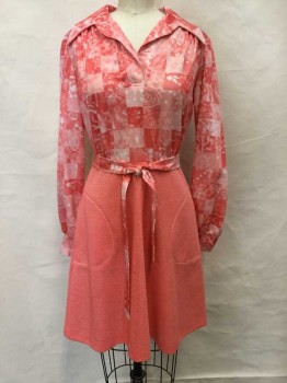 PURITAN FOREER YOUNG, Coral Pink, Coral Orange, White, Polyester, Abstract , Solid, Top Half Is Coral Squares W/Abstract Pattern, Solid Skirt, Long Sleeves, Collar Attached,  Pockets At Hips, **Matching Sash Belt