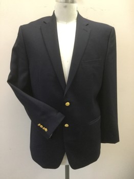Mens, Sportcoat/Blazer, LAUREN, Navy Blue, Wool, Solid, 42R, Single Breasted, Collar Attached, Notched Lapel, 3 Pockets, 2 Gold Buttons