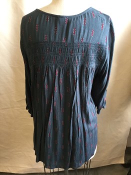 TORRI, Midnight Blue, Red, Black, White, Rayon, Abstract , (DOUBLE)  Large V-neck, Smock Work Front & Upper Back, Button Front, 3/4 Sleeves, Uneven Hem