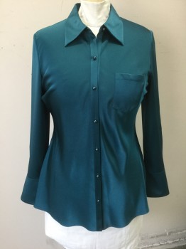 CASLON, Teal Green, Polyester, Solid, Silk Satin, Long Sleeve Button Front, Collar Attached, 1 Patch Pocket,  Small Teal Domed Plastic Buttons, 3 Button Cuffs