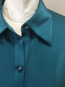 CASLON, Teal Green, Polyester, Solid, Silk Satin, Long Sleeve Button Front, Collar Attached, 1 Patch Pocket,  Small Teal Domed Plastic Buttons, 3 Button Cuffs